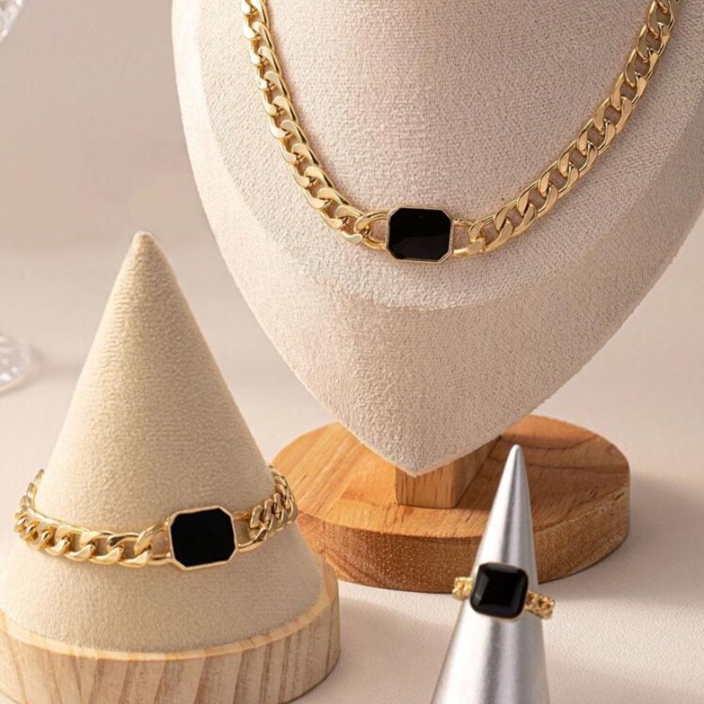 3for$20 A Set Of Black Square Necklaces, Bracelets, Rings, Retro Fashion Sets